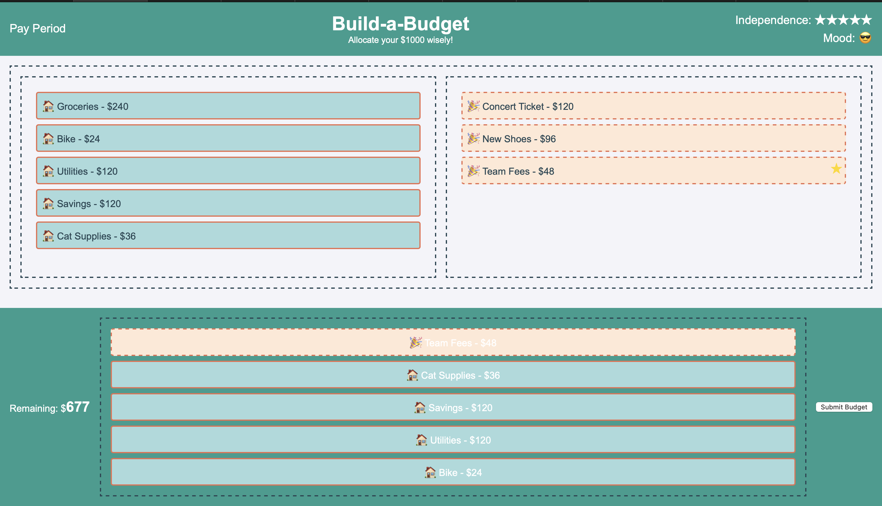 Build-a-Budget game screenshot